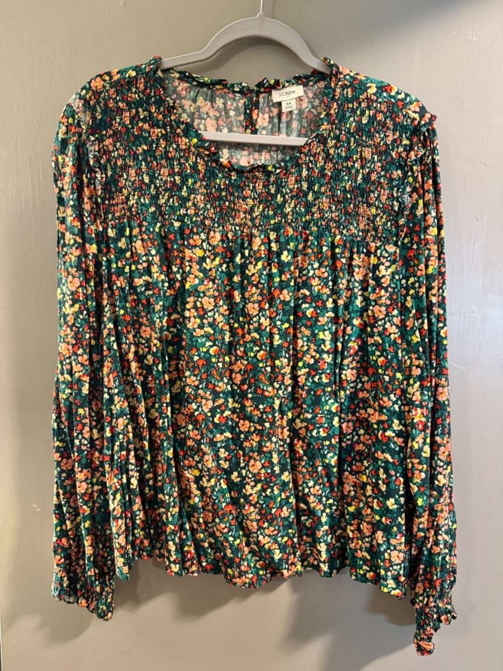J.Crew Smocked Ruffleneck Top 3X Old Forest Coral Floral
